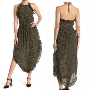 SeeByChloe Black Yellow Polka Dot Ruffle Midi Dress